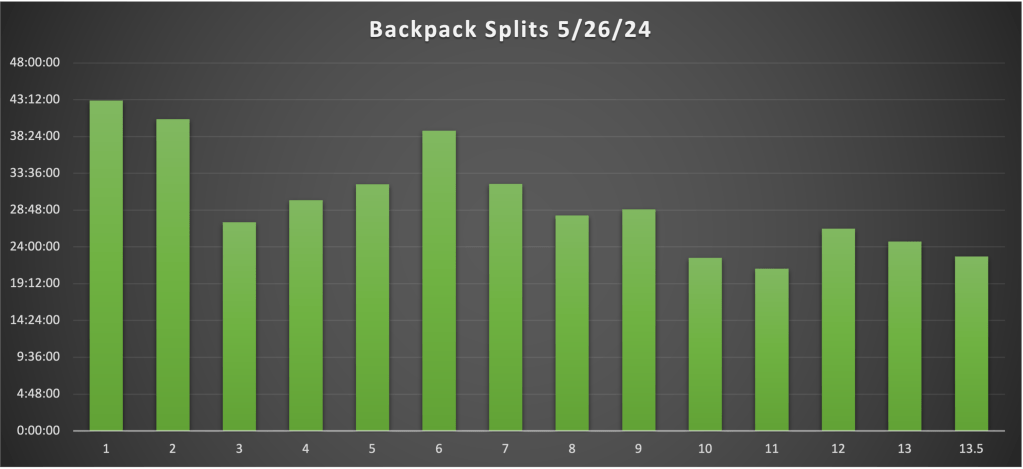 chart of pace per mile, with decreasing trend from first mile at 43 minutes and last mile at 24 minutes. 